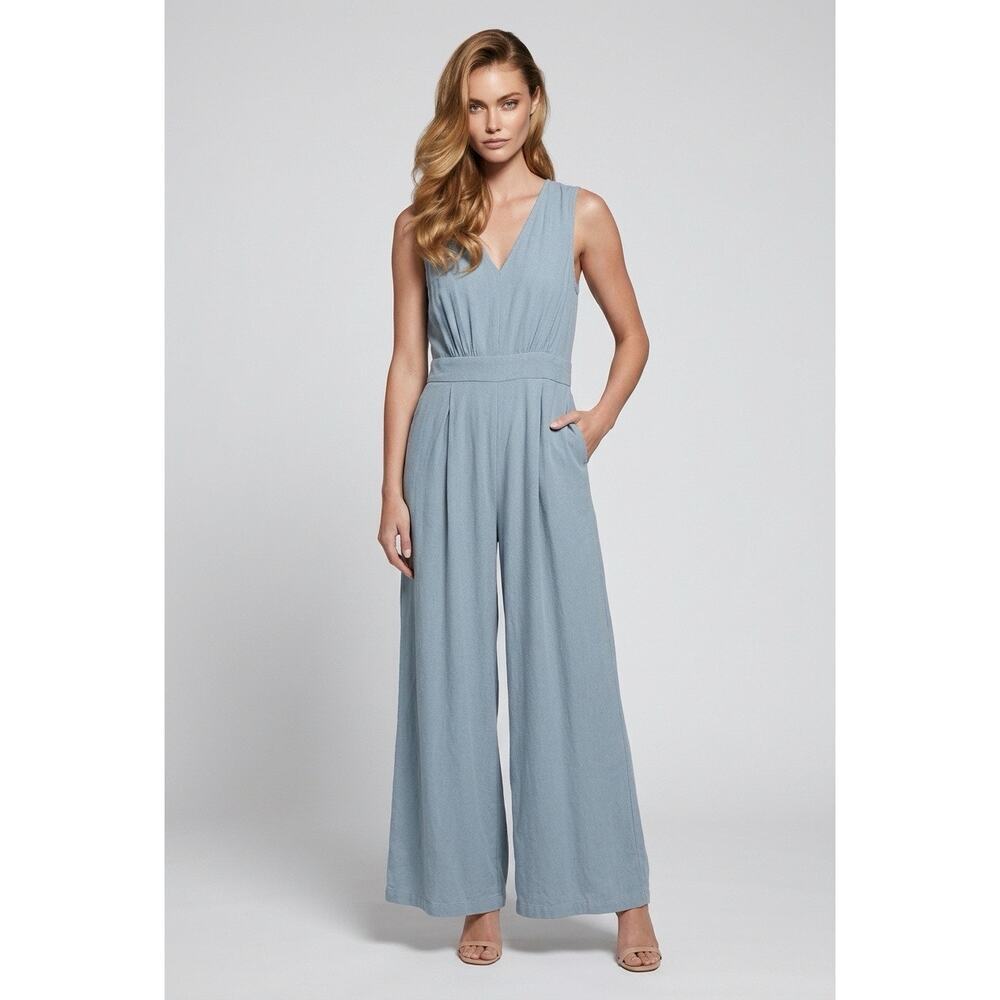 Womens Linen Blend Wide Leg Smocked Jumpsuit Small Travel Vacation Party Event